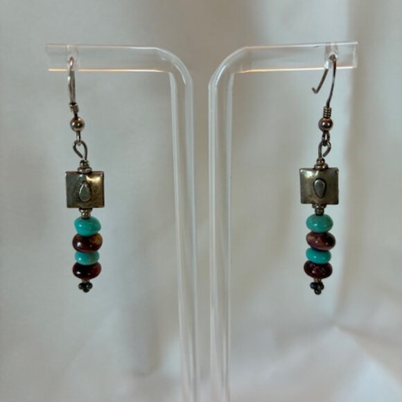 Earrings - dangling with turquoise and brown beads. - Picture 1 of 3